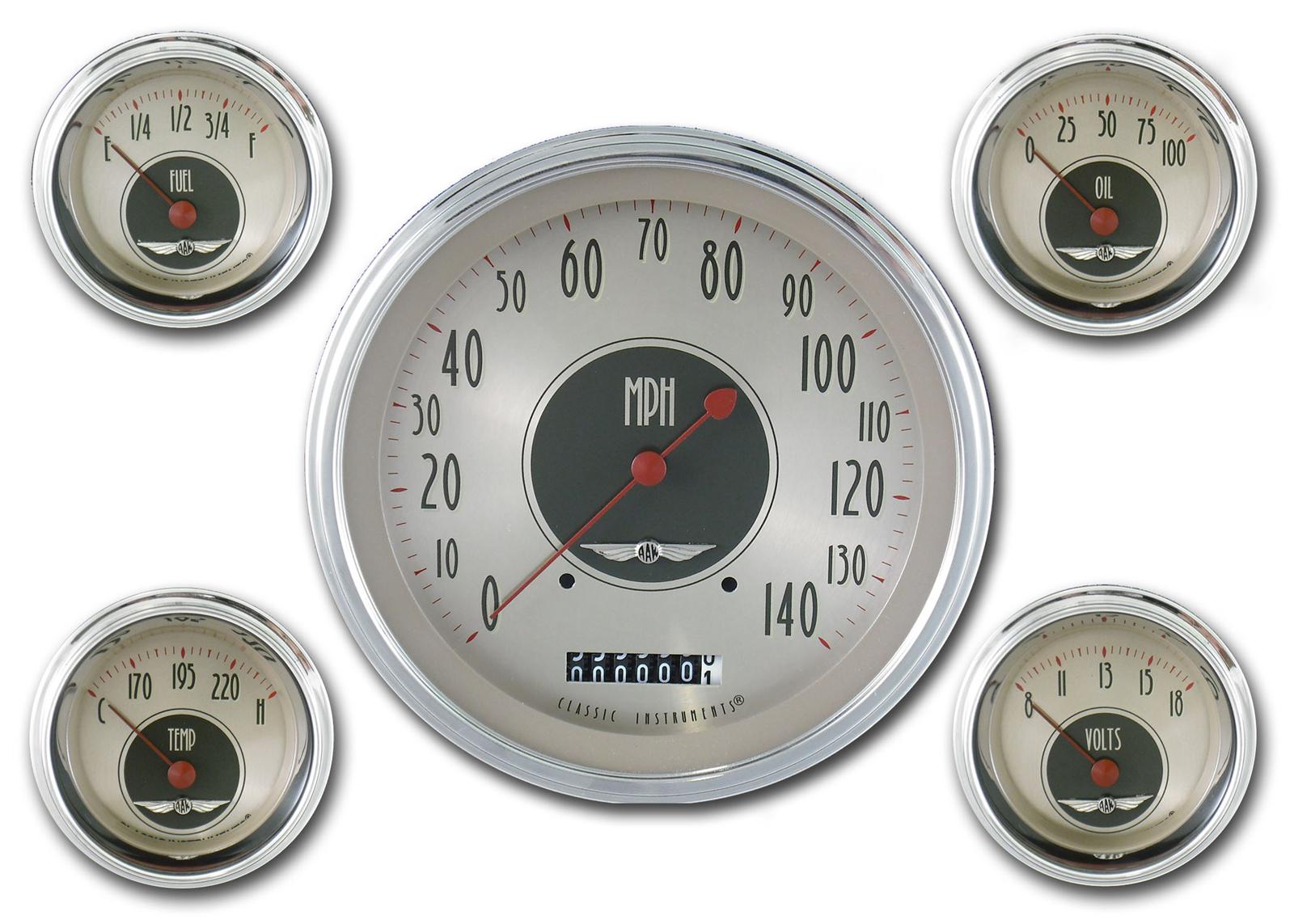 Classic Instruments All-American Nickel Series Gauge Sets AN54SLC Gauges, Nickel, Speedometer, Water Temperature, Oil Pressure, Face, Analog, Set of 5