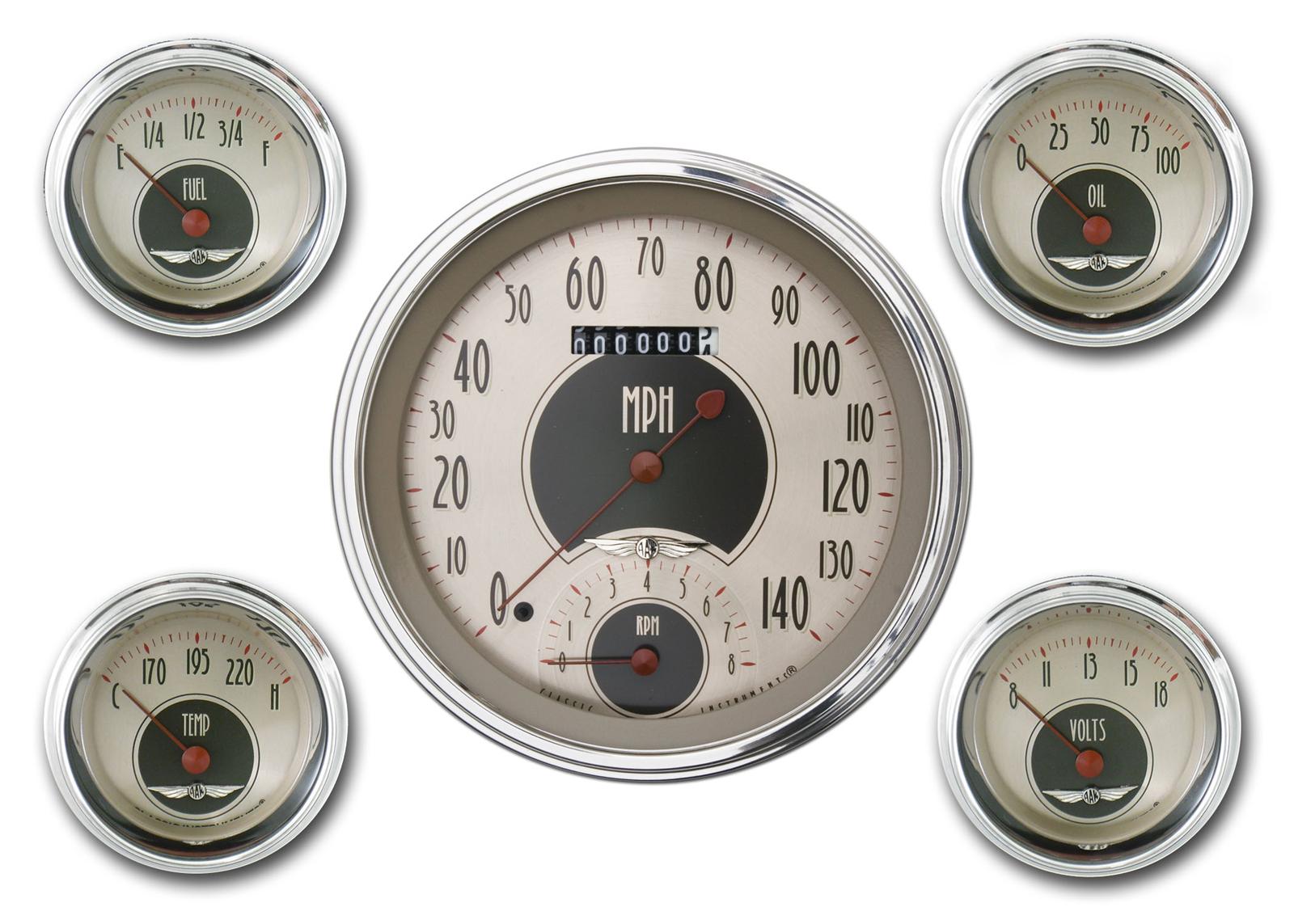 Classic Instruments All-American Nickel Series Gauge Sets AN65SLC Gauges, Nickel, Speedometer, Tach, Water Temperature, Oil Pressure, Face, Analog, Set of 5