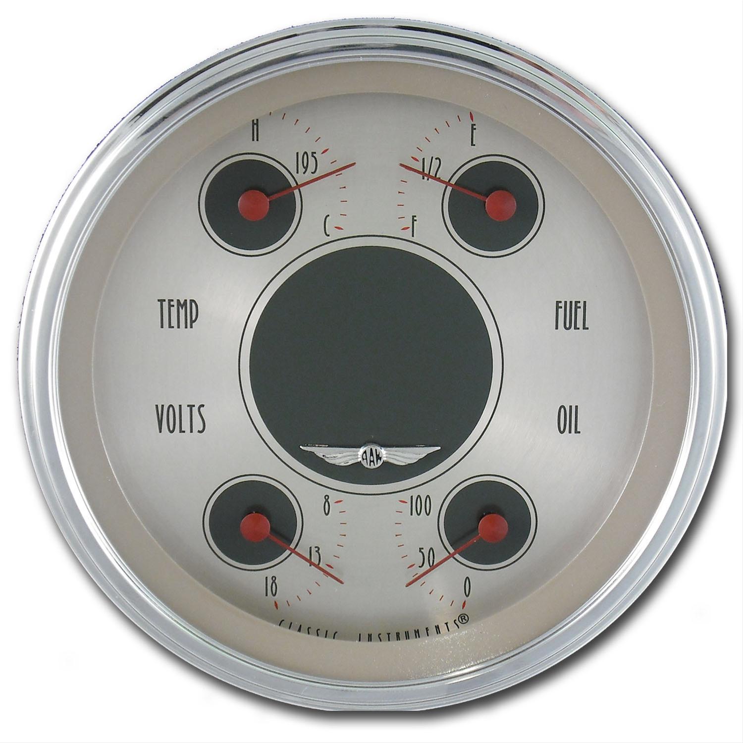 Classic Instruments All-American Nickel Series Gauge Sets AN75SLC Kit, Analog, Face, Polished, 5 in. Diameter, Quad Gauge, Fuel, Oil, Volt, Water, Cluster, Kit