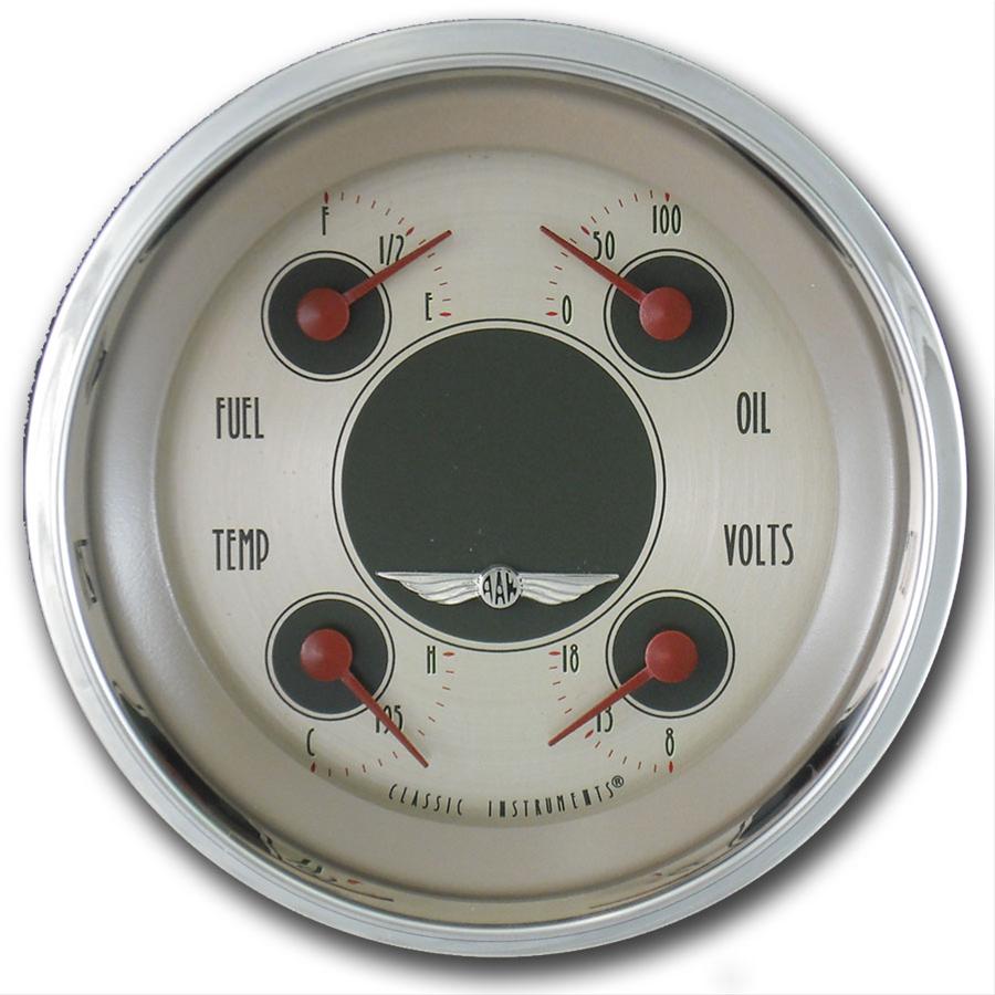Classic Instruments All-American Nickel Series Gauge Sets AN79SHC Kit, Analog, Face, Polished, 3 3/8 in. Diameter, Quad Gauge, Fuel, Oil, Volt, Water, Cluster, Kit