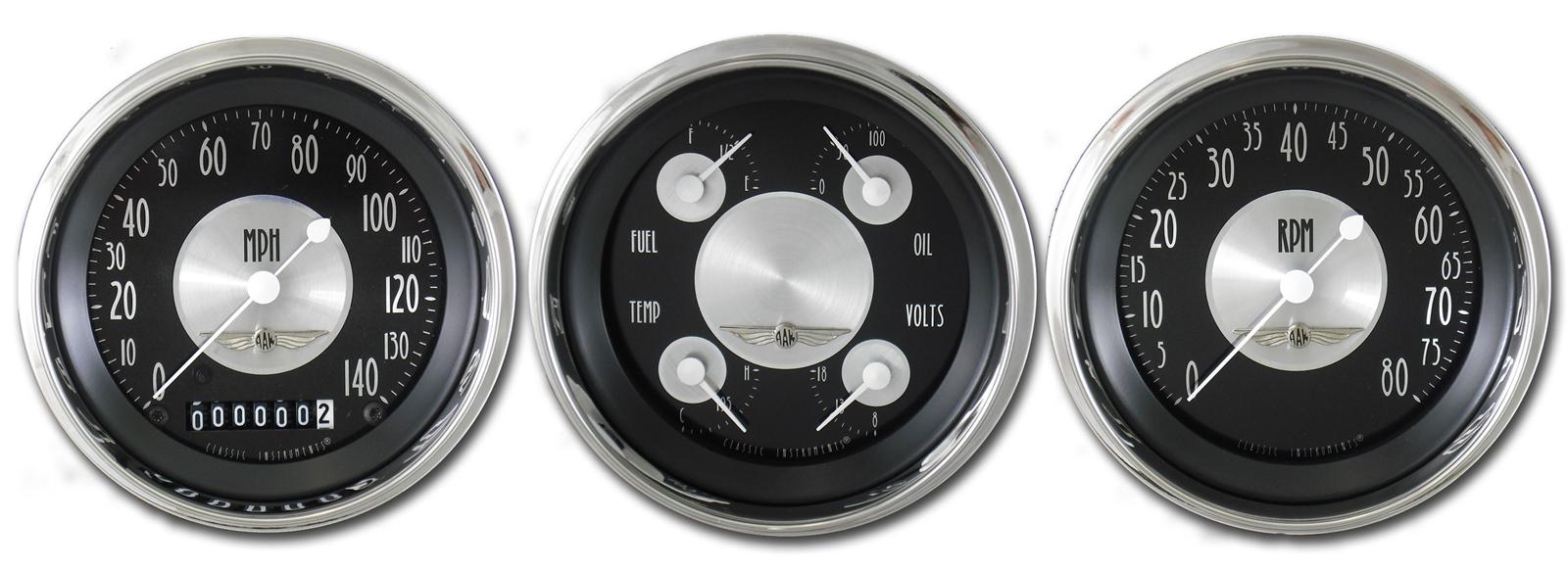 Classic Instruments All-American Tradition Series Gauge Sets AT03SHC Gauges, Tradition, Speedometer, Tach, Water Temperature, Fuel Level, Black Face, Analog, Set of 3