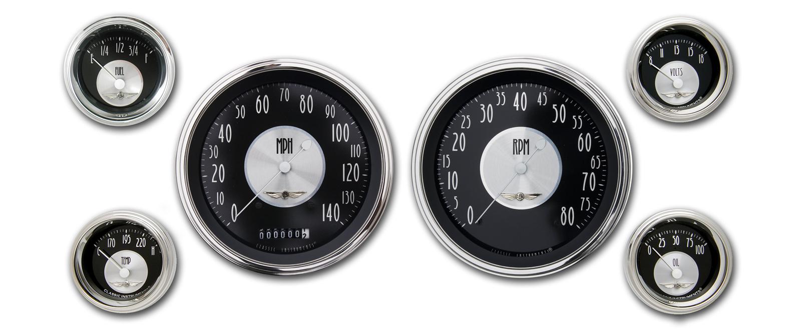 Classic Instruments All-American Tradition Series Gauge Sets AT51SLC Gauges, Tradition, Speedometer, Tach, Water Temperature, Voltmeter, Black Face, Analog, Set of 6