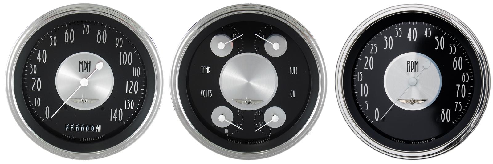 Classic Instruments All-American Tradition Series Gauge Sets AT53SLC Kit, Speedometer, Tachometer, Quad Gauge, Fuel, Oil, Volt, Water, Analog, Black Face, Polished, Kit