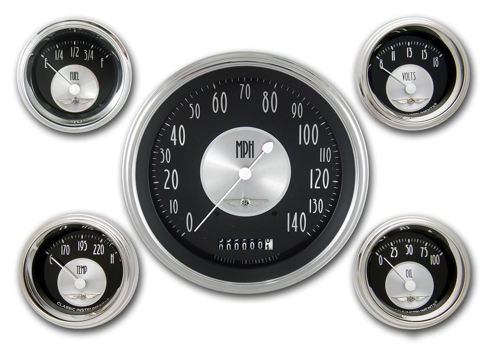 Classic Instruments All-American Tradition Series Gauge Sets AT54SLC Gauges, Tradition, Speedometer, Water Temperature, Fuel Level, Black Face, Analog, Set of 5