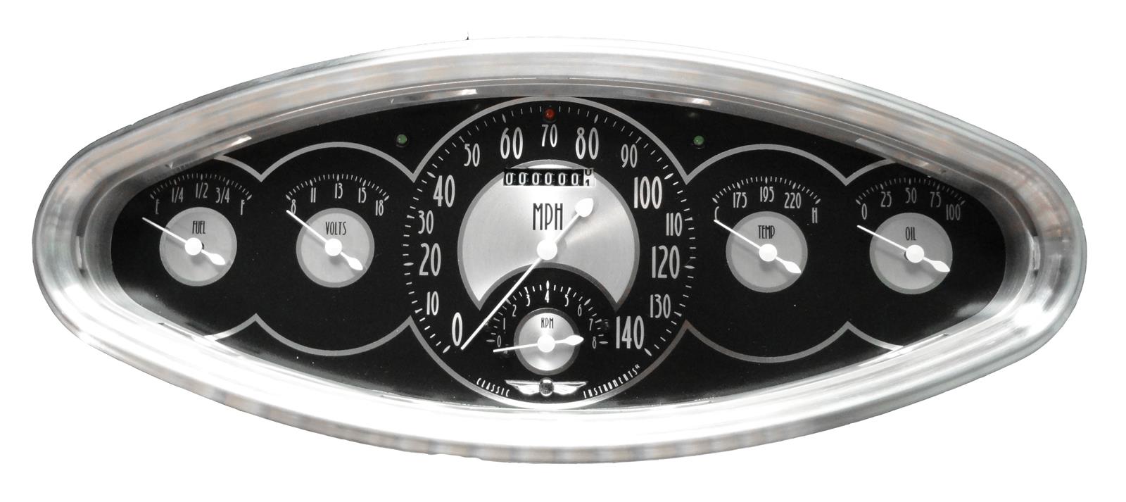 Classic Instruments All-American Tradition Series Gauge Sets AT6400PB Kits, Tradition, Analog, Speedometer, Tach, Fuel Level, Oil Pressure, Volts, Water Temp., Black/Silver Face, Silver Numbers, Kit