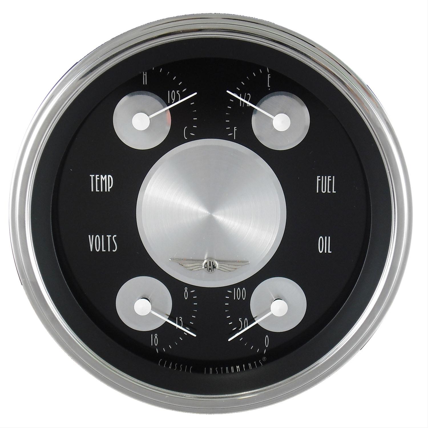 Classic Instruments All-American Tradition Series Gauge Sets AT75SLC Kit, Analog, Black Face, Polished, 5 in. Diameter, Quad Gauge, Fuel, Oil, Volt, Water, Cluster, Kit