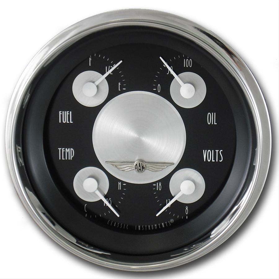 Classic Instruments All-American Tradition Series Gauge Sets AT77SHC Kit, Analog, Black Face, Polished, 3 3/8 in. Diameter, Quad Gauge, Fuel, Oil, Volt, Water, Cluster, Kit
