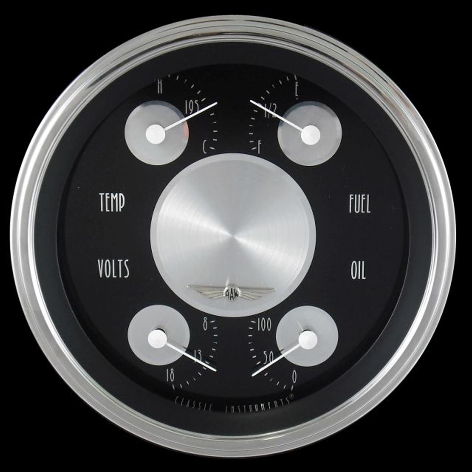 Classic Instruments All-American Tradition Series Gauge Sets AT79SHC Kit, Analog, Black Face, Polished, 3 3/8 in. Diameter, Quad Gauge, Fuel, Oil, Volt, Water, Cluster, Kit