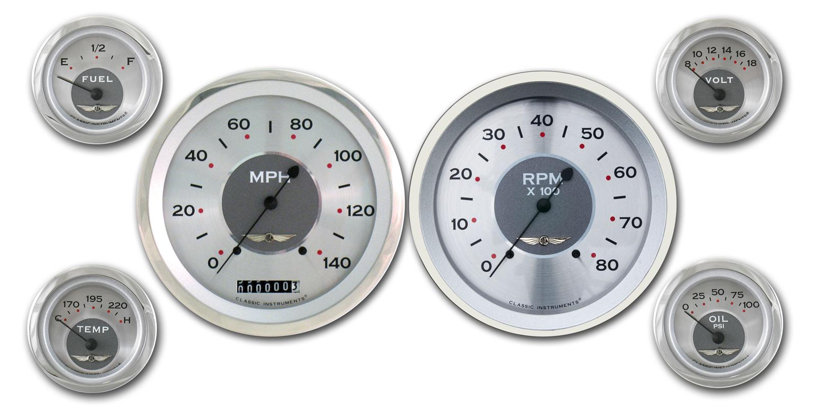 Classic Instruments All-American Series Gauge Sets AW51SRC Gauges, Original, Speedometer, Tach, Water Temperature, Fuel Level, Silver Face, Analog, Set of 6
