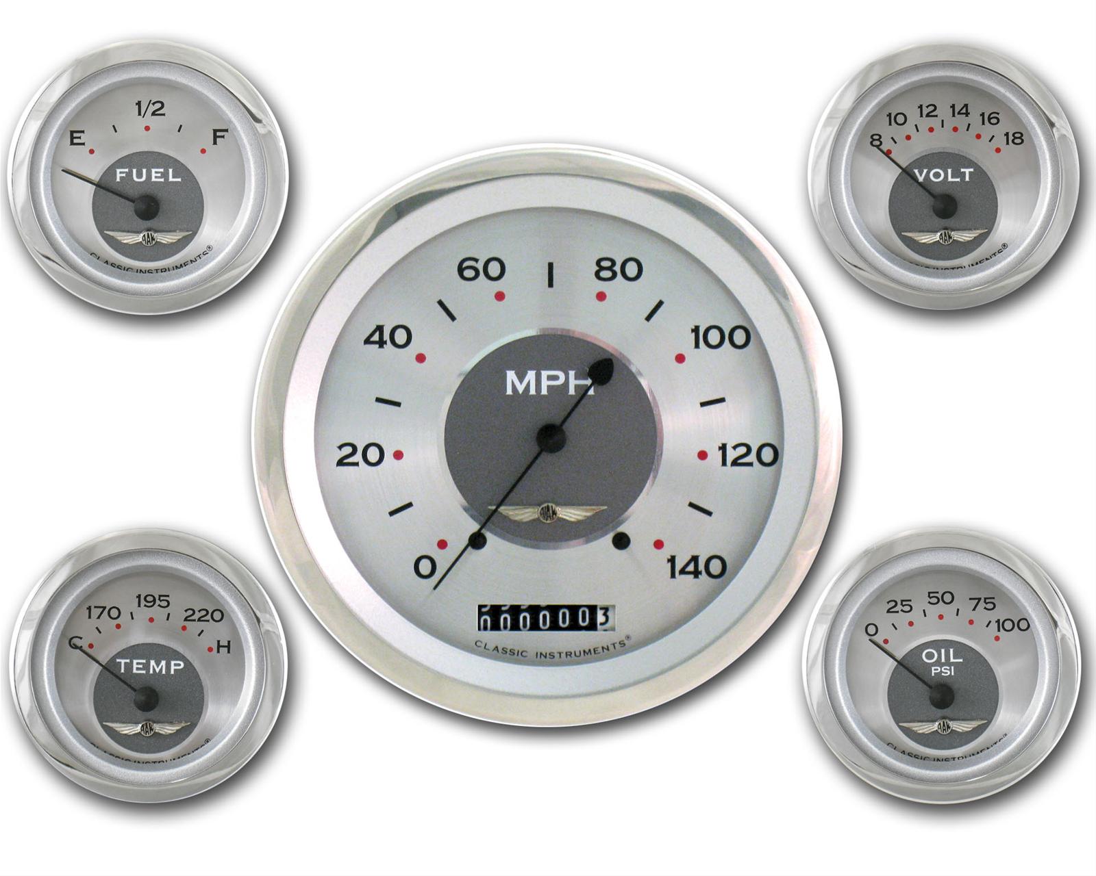 Classic Instruments All-American Series Gauge Sets AW54SRC Gauge, Analog, Silver Face, Polished, 5 in. Diameter Speedometer, 5 Gauges, 2 1/8 in. Fuel-Oil-Volt-Water, Set