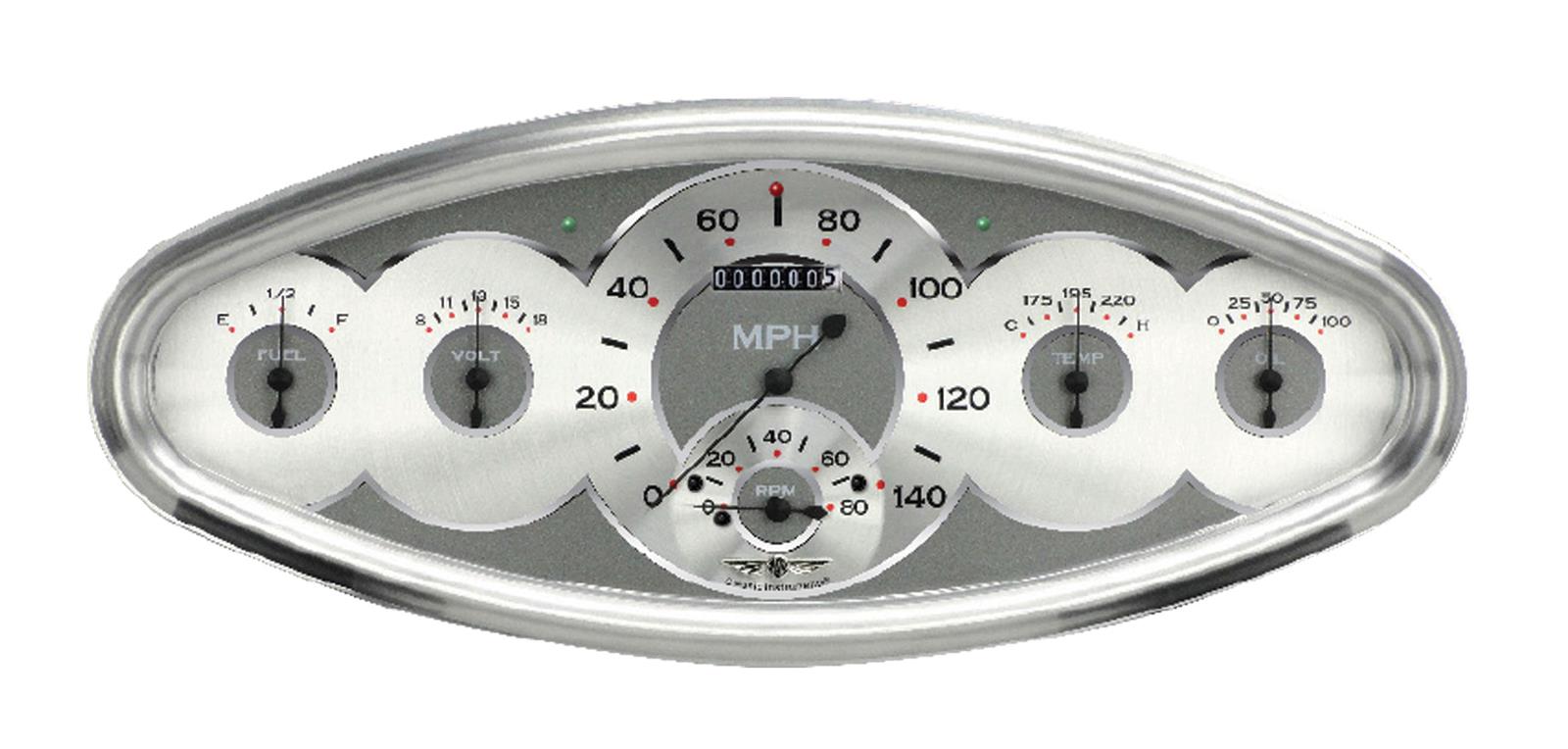Classic Instruments All-American Series Gauge Sets AW6400PB Kits, Series, Analog, Speedometer, Tach, Fuel Level, Oil Pressure, Water Temperature, Silver Face, Black Numbers, Electronic, Kit