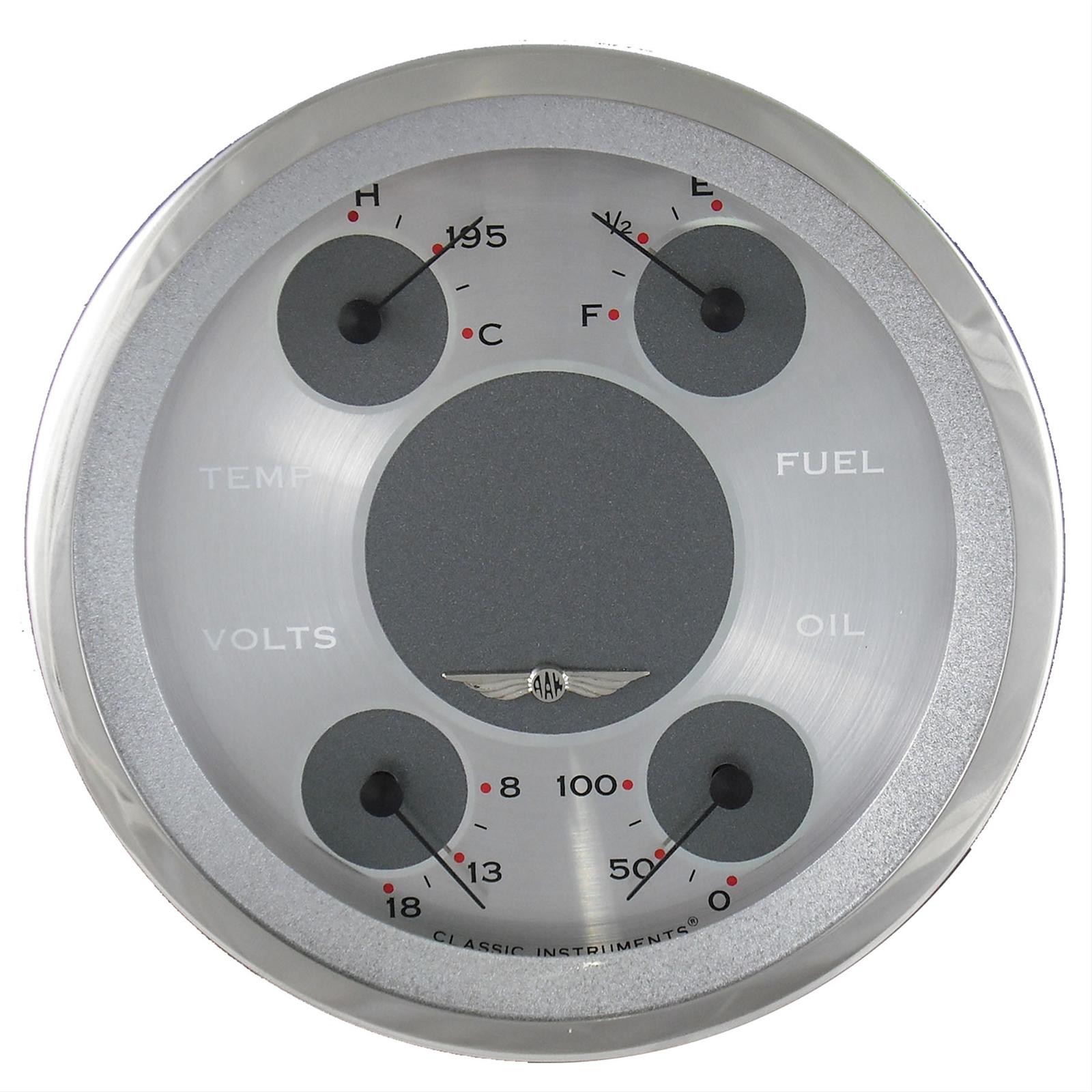Classic Instruments All-American Series Gauge Sets AW75SRC Kit, Analog, Silver Face, Polished, 5 in. Diameter, Quad Gauge, Fuel, Oil, Volt, Water, Cluster, Kit