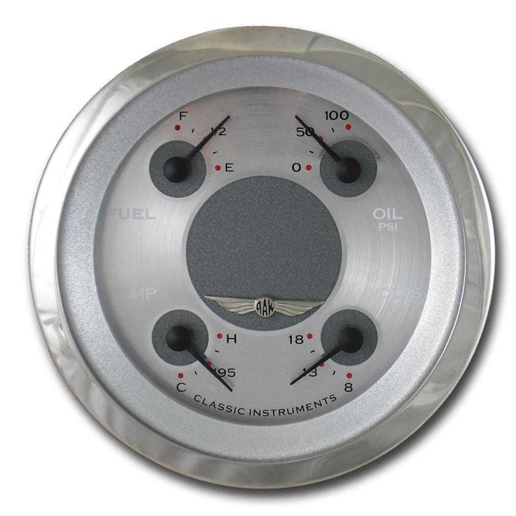 Classic Instruments All-American Series Gauge Sets AW76SRC Kit, Analog, Silver Face, Polished, 3 3/8 in. Diameter, Quad Gauge, Fuel, Oil, Volt, Water, Cluster, Kit