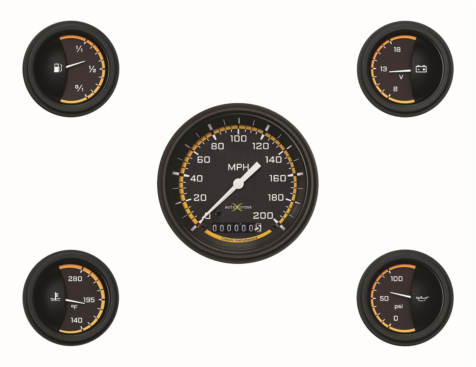 Classic Instruments Auto Cross Yellow Series Gauge Sets AX00YBLF Kit Analog, Black/Yellow Face, 3 3/8 in. Diameter Speedometer, 2 1/8 in. Fuel-Oil-Volt-Water, Set of 5