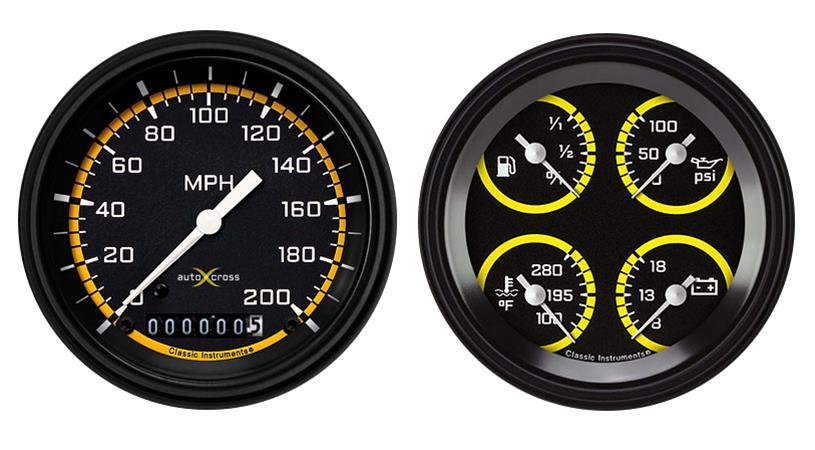 Classic Instruments Auto Cross Yellow Series Gauge Sets AX02YBLF Kits, Yellow, Analog, Speedometer, Fuel Level, Oil Pressure, Volts, Water Temp., 3 3/8 in., Black/Yellow Face, White Numbers, Kit