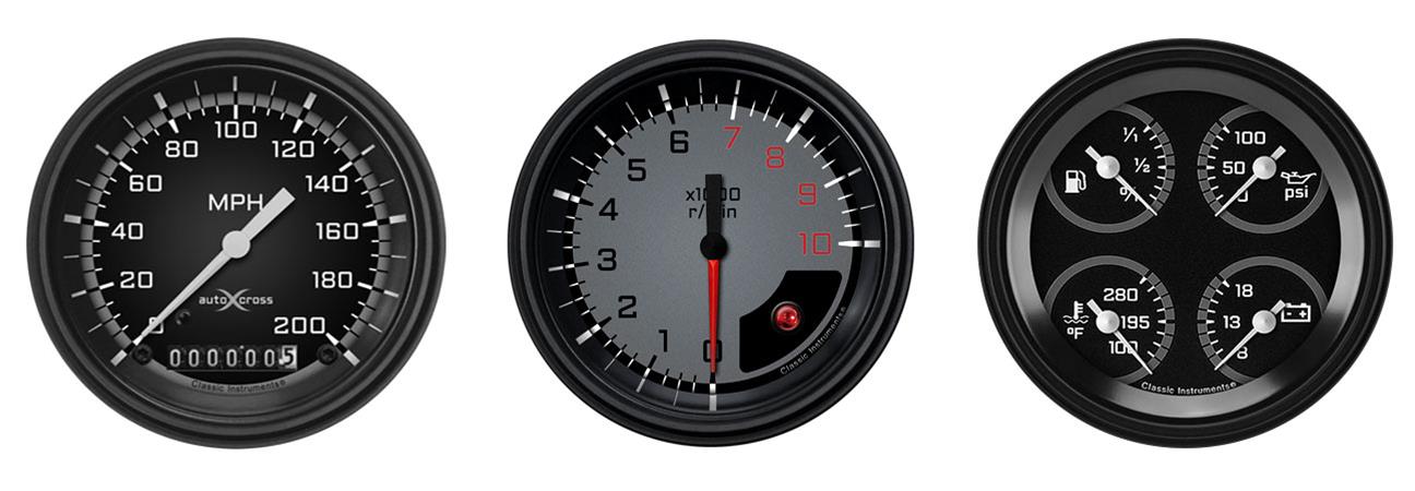 Classic Instruments Auto Cross Gray Series Gauge Sets AX03GBLF Autocross w/ Black Bezel 3 Set 3 3/8" Speedo & Tach & Quad