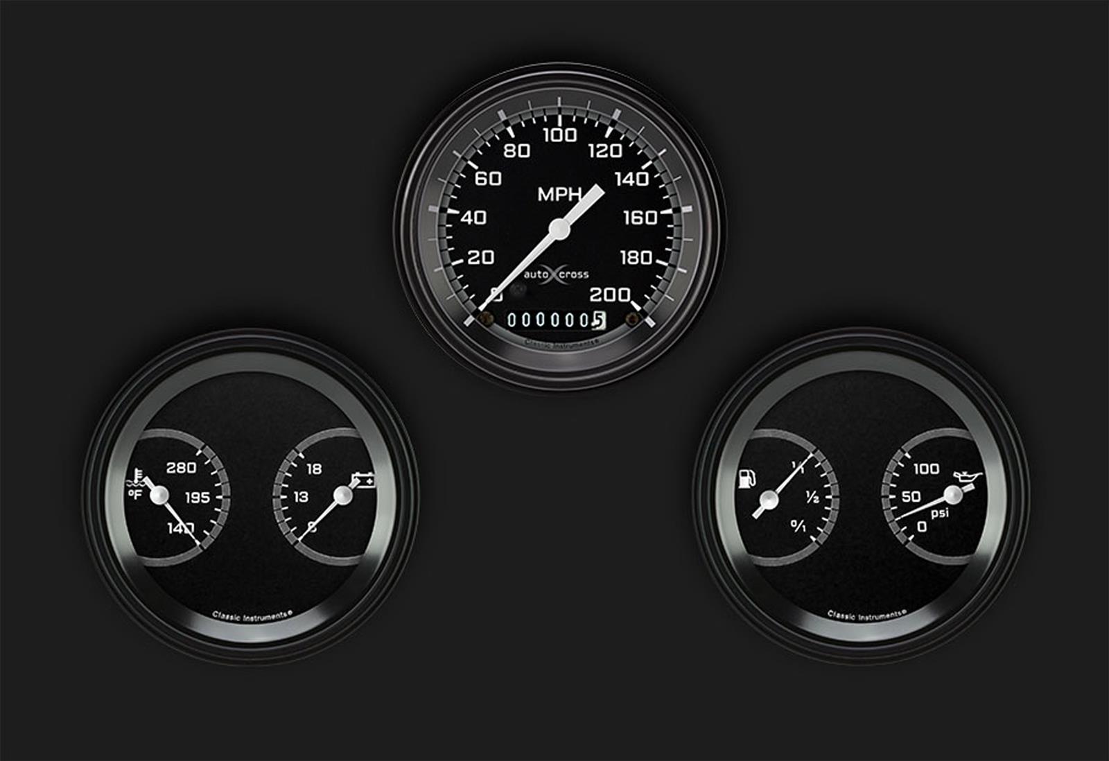 Classic Instruments Auto Cross Gray Series Gauge Sets AX04GBLF Gauges, AutoCross Series, 3 3/8 in., Speedometer, Water Temp, Oil Pressure, Voltmeter, Fuel Level, Black Low-Step Bezel, Flat Lens, Kit