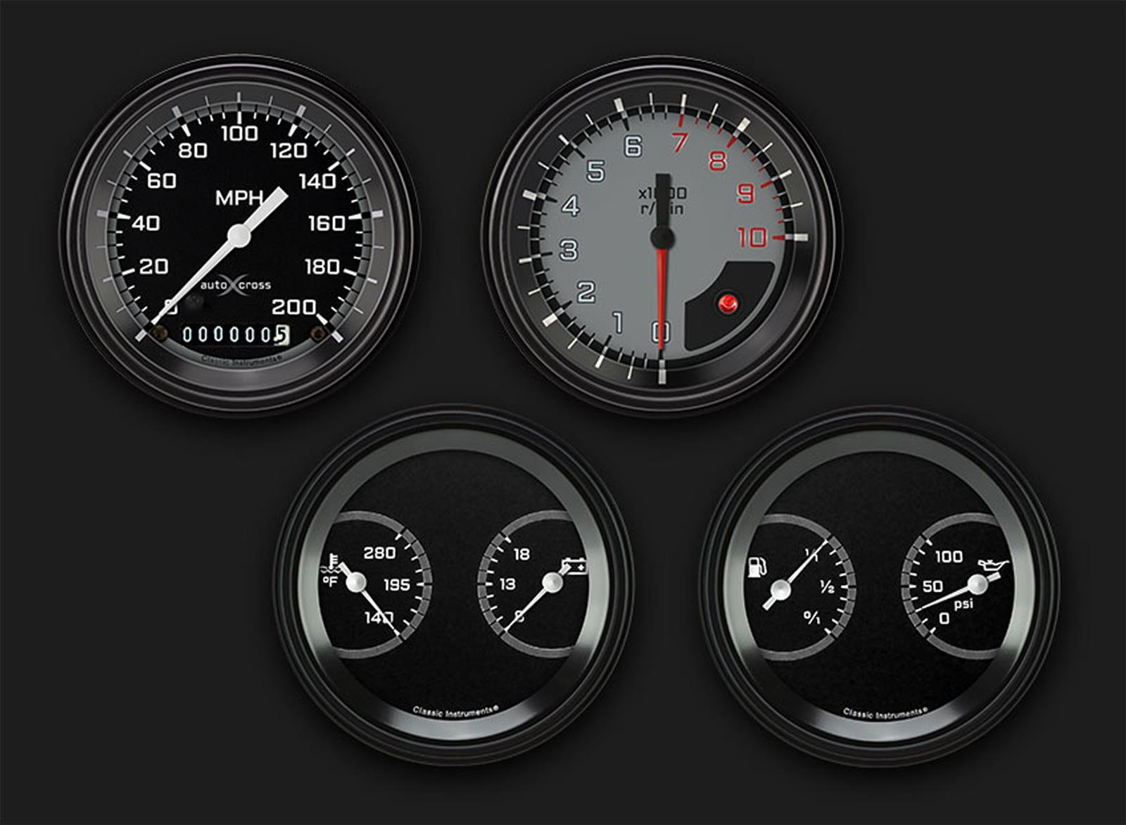 Classic Instruments Auto Cross Gray Series Gauge Sets AX05GBLF Gauges, AutoCross Series, 3 3/8 in., Speedometer, Tach, Water Temp, Oil Pressure, Volt, Fuel Level, Black Low-Step Bezel, Flat Lens, Kit
