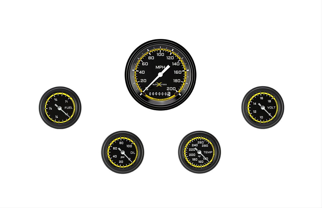 Classic Instruments Auto Cross Yellow Series Gauge Sets AX100YBLF Set, Performance AutoCross, AutoCross Yellow, 5-Gauge Set, 3 3/8 in. Speedo, 2 1/8 in. Secondary Gauges, Black/Yellow Face, Set