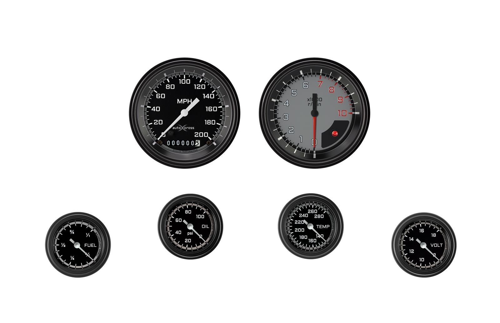 Classic Instruments Auto Cross Gray Series Gauge Sets AX101GBLF Set, Performance AutoCross, AutoCross Gray, 6-Gauge Set, 3 3/8 in. Speedo, 2 1/8 in. Secondary Gauges, Black/Gray Face, Set