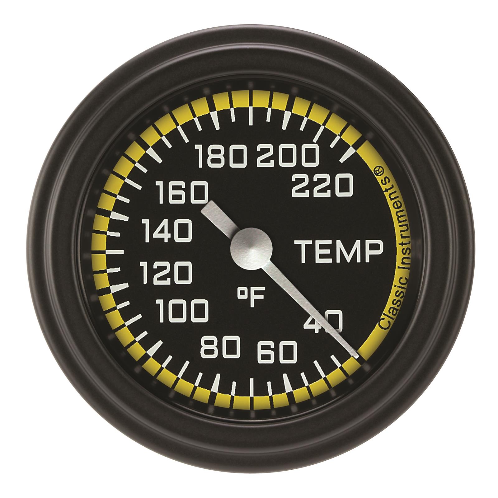 Classic Instruments Auto Cross Yellow Series Gauges AX129YBLF Gauge, Stock Eliminator, Water Temp, 2 1/8 in., Black/Yellow Face, Analog, Electrical, Each