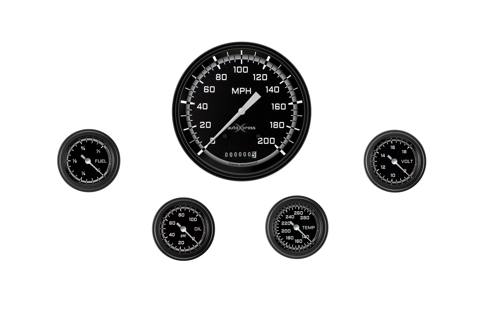 Classic Instruments Auto Cross Gray Series Gauge Sets AX154GBLF Set, Performance AutoCross, AutoCross Gray, 5-Gauge Set, 4 5/8 in. Speedo, 2 5/8 in. Secondary Gauges, Black/Gray Face, Set