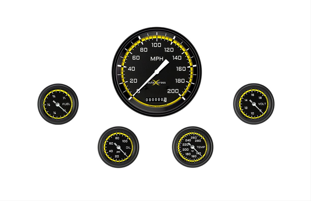 Classic Instruments Auto Cross Yellow Series Gauge Sets AX154YBLF Set, Performance AutoCross, AutoCross Yellow, 5-Gauge Set, 4 5/8 in. Speedo, 2 5/8 in. Secondary Gauges, Black/Yellow Face, Set
