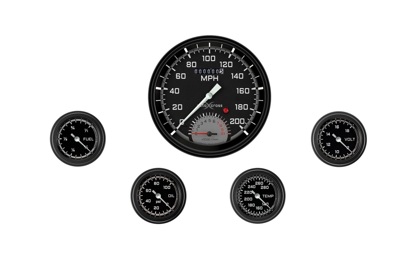 Classic Instruments Auto Cross Gray Series Gauge Sets AX165GBLF Set, AutoCross 4 5/8 in. Ultimate, 2 1/8 in. Fuel, Oil, Temp, Volts, Set of 6