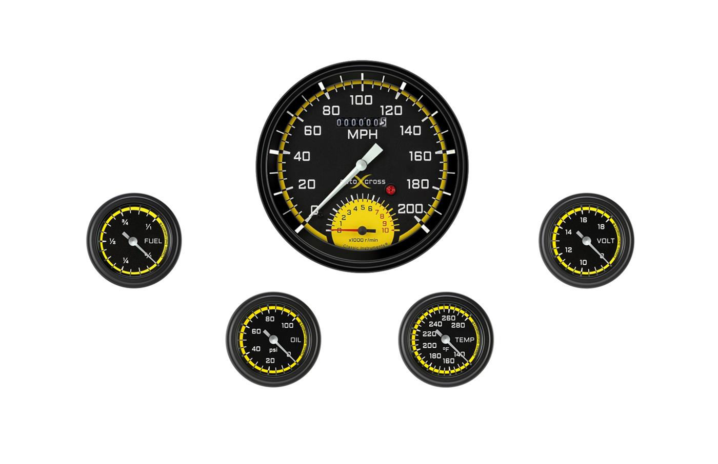 Classic Instruments Auto Cross Yellow Series Gauge Sets AX165YBLF Set, AutoCross 4 5/8 in. Ultimate, 2 1/8 in. Fuel, Oil, Temp, Volts, Set of 6
