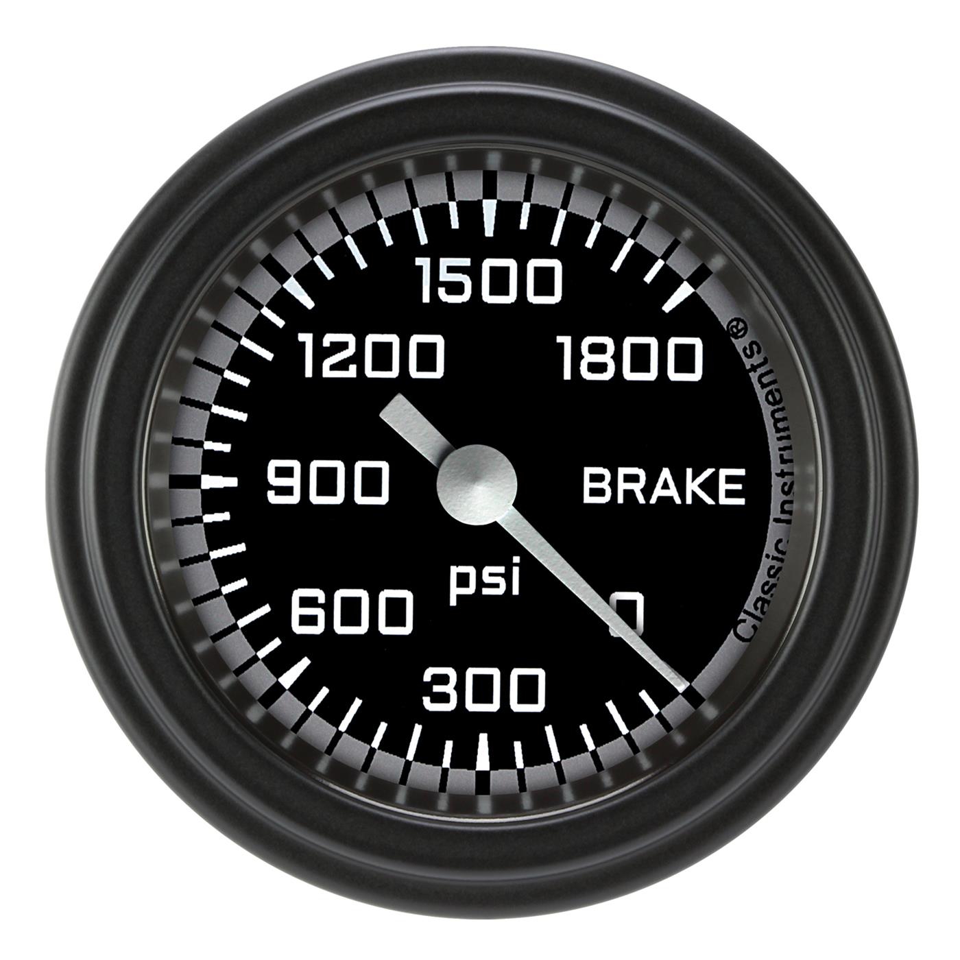 Classic Instruments Auto Cross Gray Series Gauges AX167GBLF Gauges, Series, Brake Pressure, 0-1,800 psi, Analog, Electrical, 2 1/8 in., Black Face, White Numbers, Matte Black Bezel, Each