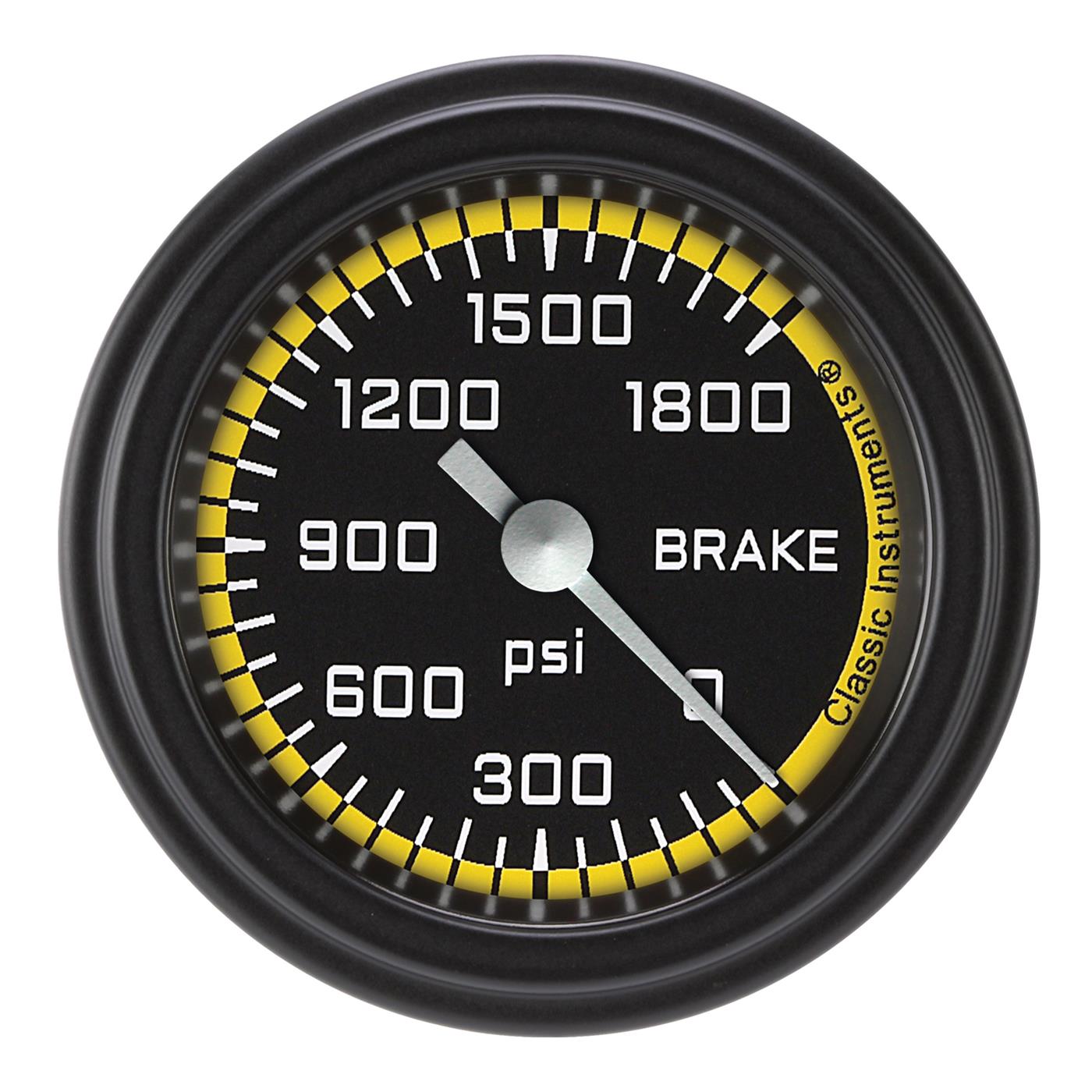 Classic Instruments Auto Cross Yellow Series Gauges AX167YBLF Gauges, Series, Brake Pressure, 0-1,800 psi, Analog, Electrical, 2 1/8 in., Black Face, White Numbers, Matte Black Bezel, Each