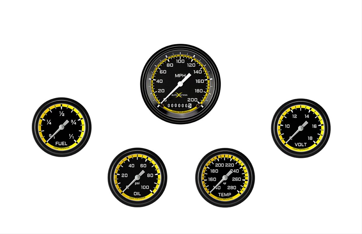 Classic Instruments Auto Cross Yellow Series Gauge Sets AX200YBLF Set, Performance AutoCross, AutoCross Yellow, 5-Gauge Set, 3 3/8 in. Speedo, 2 5/8 in. Secondary Gauges, Black/Yellow Face, Set