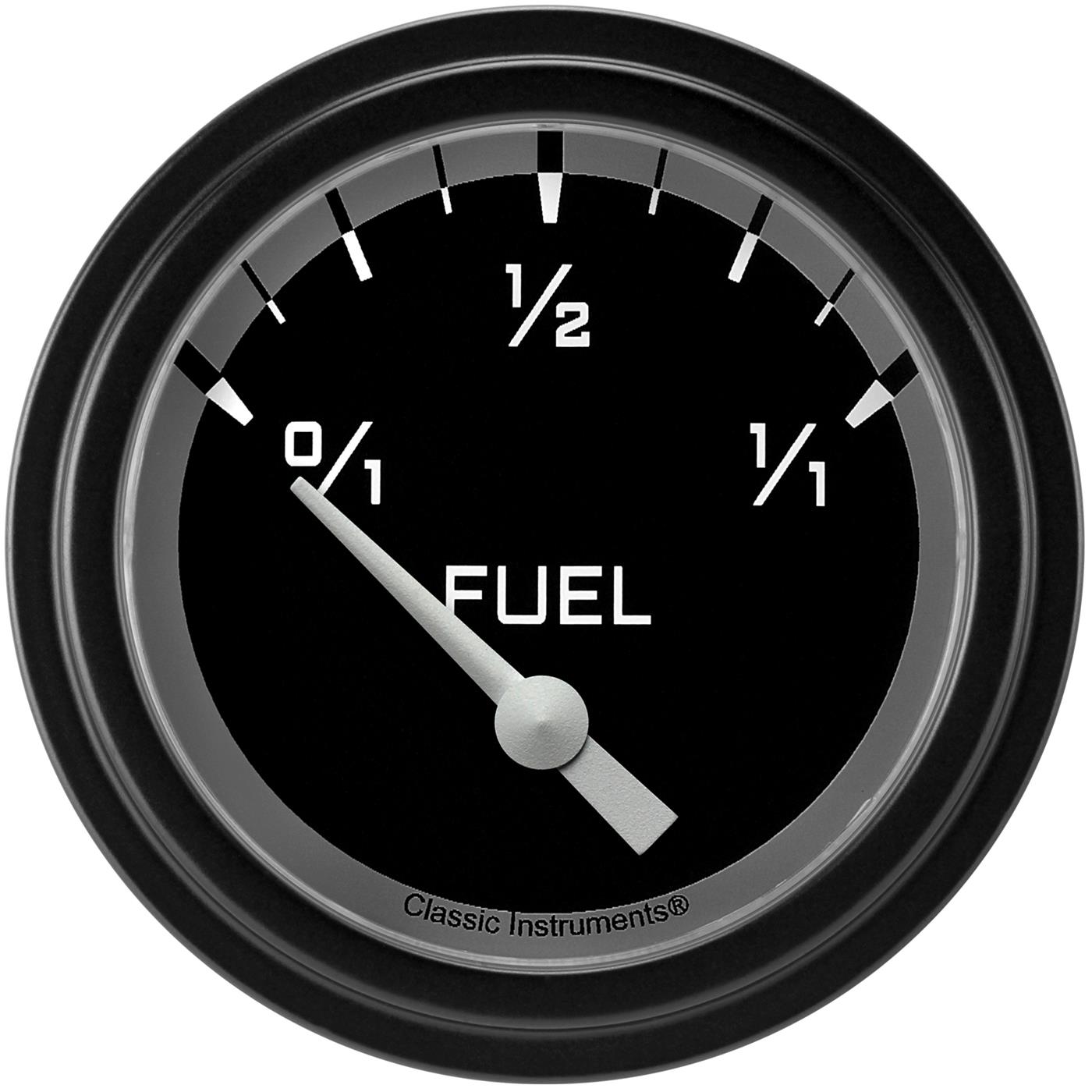Classic Instruments Auto Cross Gray Series Gauges AX214GBLF Gauges, Series, Fuel Level, 0/1-1/1, Analog, Electrical, 2 5/8 in., Black Face, White Numbers, 0 ohms Empty, 30 ohms Full, Each