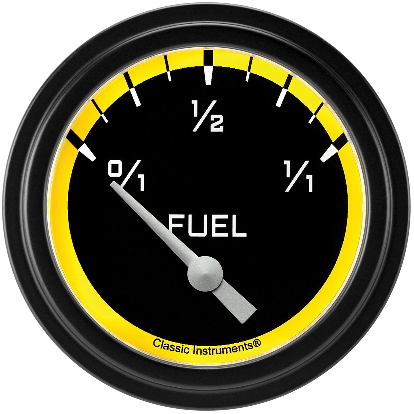Classic Instruments Auto Cross Yellow Series Gauges AX214YBLF Gauges, Series, Fuel Level, 0/1-1/1, Analog, Electrical, 2 5/8 in., Black Face, White Numbers, 0 ohms Empty, 30 ohms Full, Each