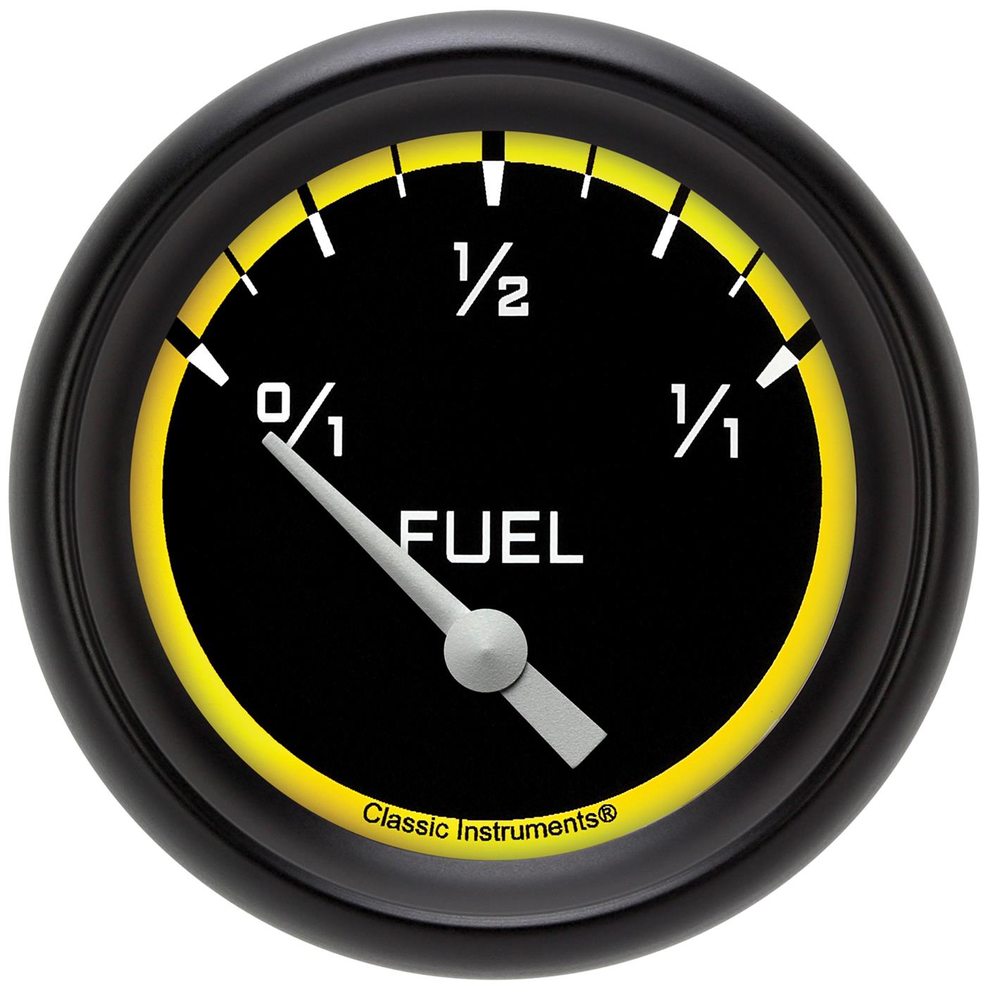 Classic Instruments Auto Cross Yellow Series Gauges AX214YBPF Gauges, Series, Fuel Level, 0/1-1/1, Analog, Electrical, 2 5/8 in., Black Face, White Numbers, 0 ohms Empty, 30 ohms Full, Each
