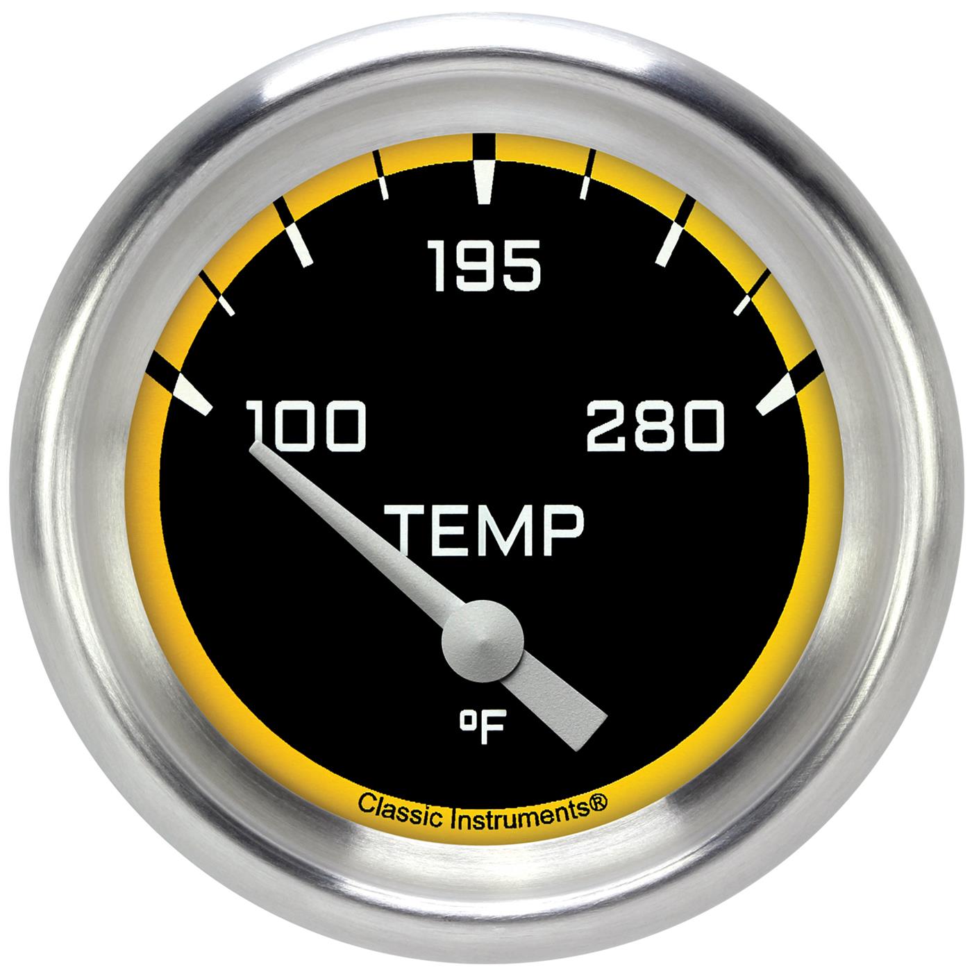 Classic Instruments Auto Cross Yellow Series Gauges AX226YAPF-04 Gauges, Series, Water Temperature, 140-280 degrees F, Analog, Electrical, 2 5/8 in., Black Face, White Numbers, Each