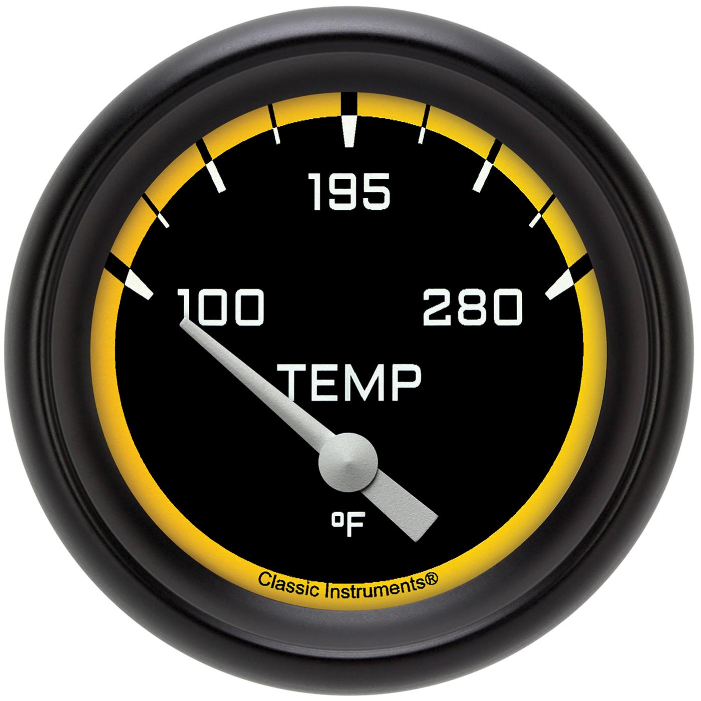 Classic Instruments Auto Cross Yellow Series Gauges AX226YBPF-02 Gauges, Series, Water Temperature, 140-280 degrees F, Analog, Electrical, 2 5/8 in., Black Face, White Numbers, Each