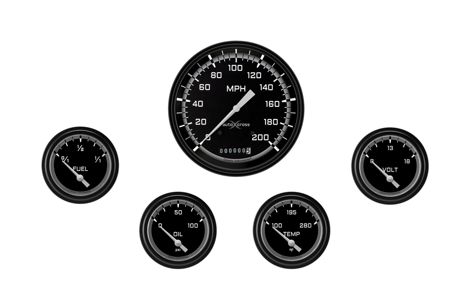 Classic Instruments Auto Cross Gray Series Gauge Sets AX254GBLF Set, Performance AutoCross, AutoCross Gray, 6-Gauge Set, 4 5/8 in. Speedo, 2 5/8 in. Secondary Gauges, Black/Gray Face, Set
