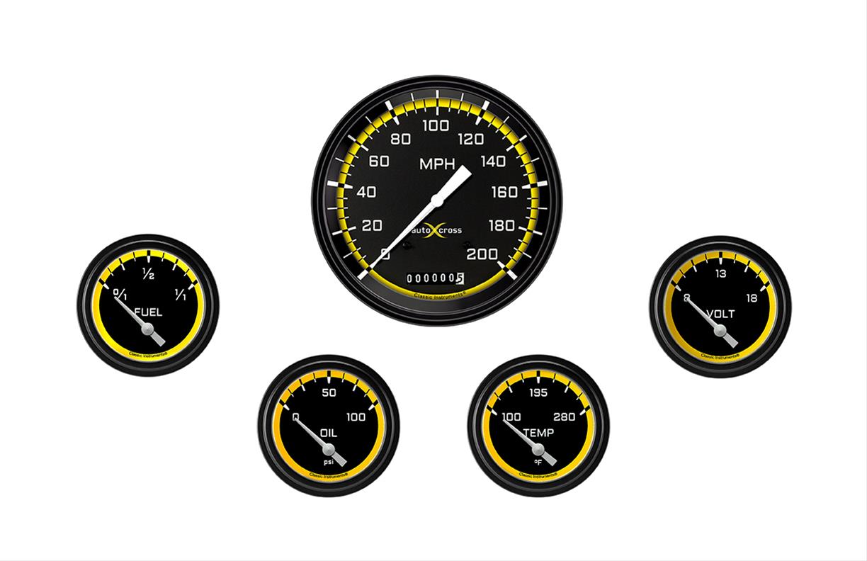 Classic Instruments Auto Cross Yellow Series Gauge Sets AX254YBLF Set, Performance AutoCross, AutoCross Yellow, 6-Gauge Set, 4 5/8 in. Speedo, 2 5/8 in. Secondary Gauges, Black/Yellow Face, Set