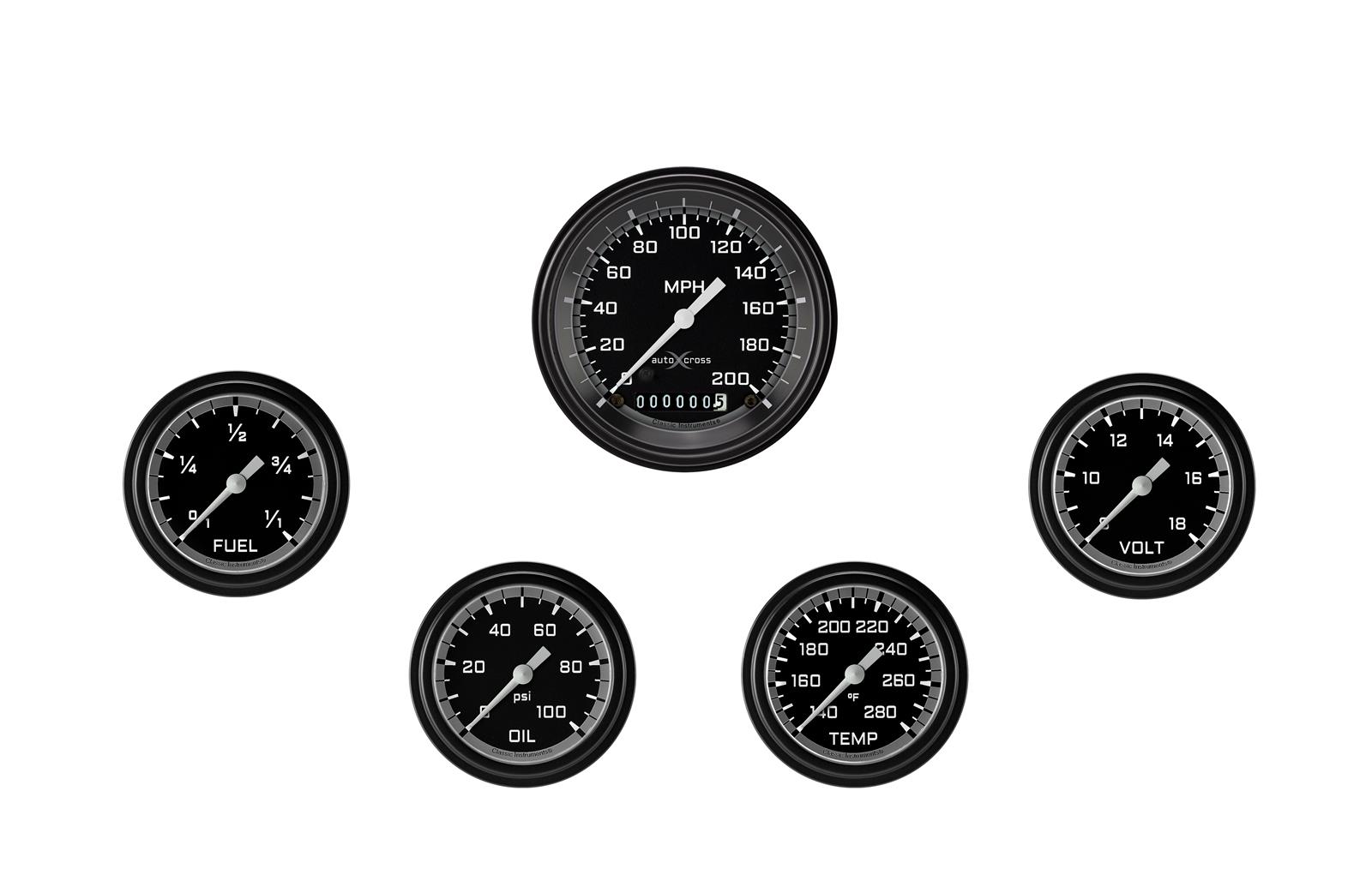 Classic Instruments Auto Cross Gray Series Gauge Sets AX300GBLF Set, Performance AutoCross, AutoCross Gray, 5-Gauge Set, 3 3/8 in. Speedo, 2 5/8 in. Secondary Gauges, Black/Gray Face, Set