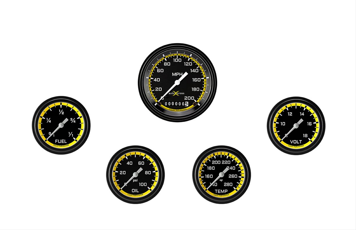 Classic Instruments Auto Cross Yellow Series Gauge Sets AX300YBLF Set, Performance AutoCross, AutoCross Yellow, 5-Gauge Set, 3 3/8 in. Speedo, 2 5/8 in. Secondary Gauges, Black/Yellow Face, Set