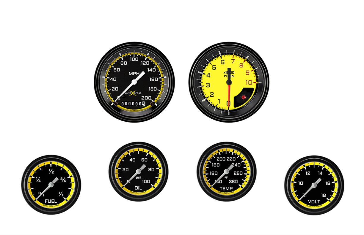 Classic Instruments Auto Cross Yellow Series Gauge Sets AX301YBLF Set, Performance AutoCross, AutoCross Yellow, 6-Gauge Set, 3 3/8 in. Speedo, 2 5/8 in. Secondary Gauges, Black/Yellow Face, Set