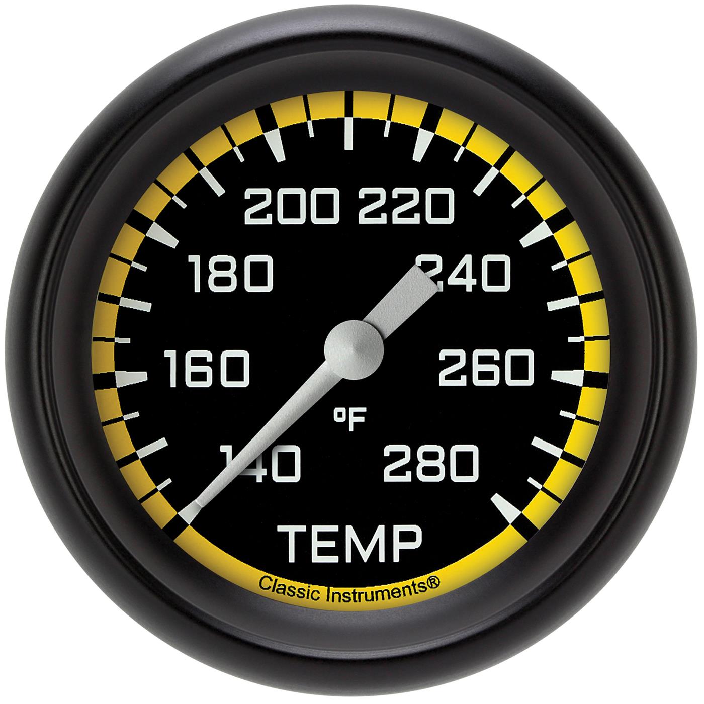 Classic Instruments Auto Cross Yellow Series Gauges AX326YBPF-04 Gauges, Series, Water Temperature, 140-280 degrees F, Analog, Electrical, 2 5/8 in., Black Face, White Numbers, Each