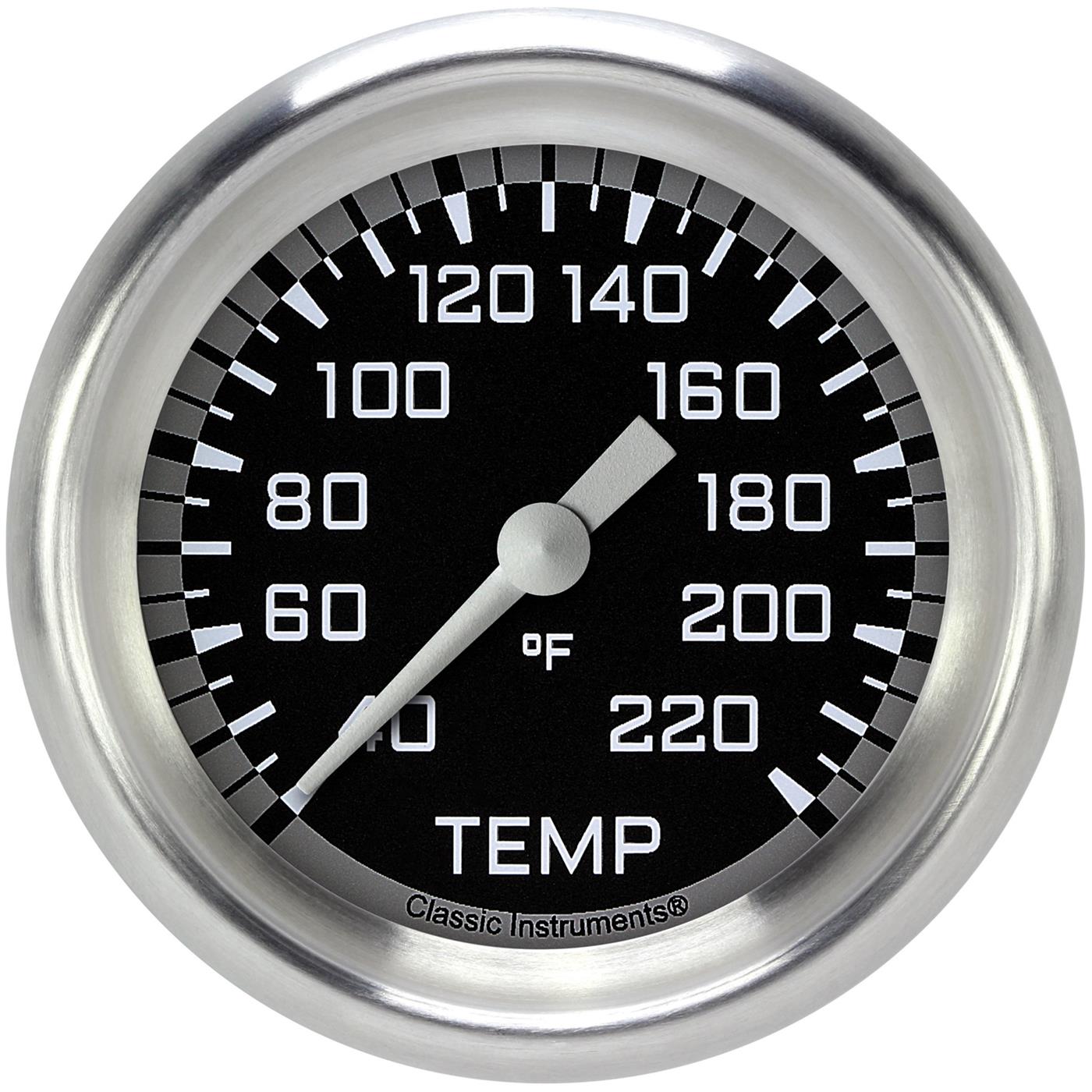 Classic Instruments Auto Cross Gray Series Gauges AX329GAPF Gauges, Series, Water Temperature, 40-220 degrees F, Analog, Electrical, 2 5/8 in., Black Face, White Numbers, 1/8 in.NPT Thread, Each