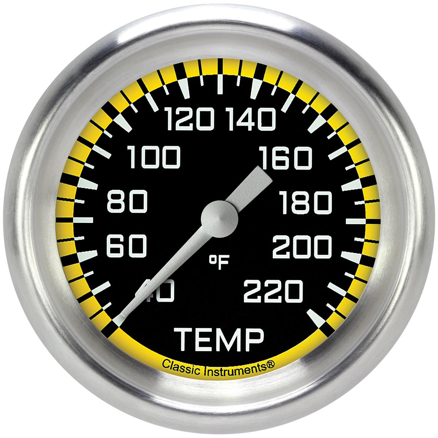 Classic Instruments Auto Cross Yellow Series Gauges AX329YAPF Gauges, Series, Water Temperature, 40-220 degrees F, Analog, Electrical, 2 5/8 in., Black Face, White Numbers, Each