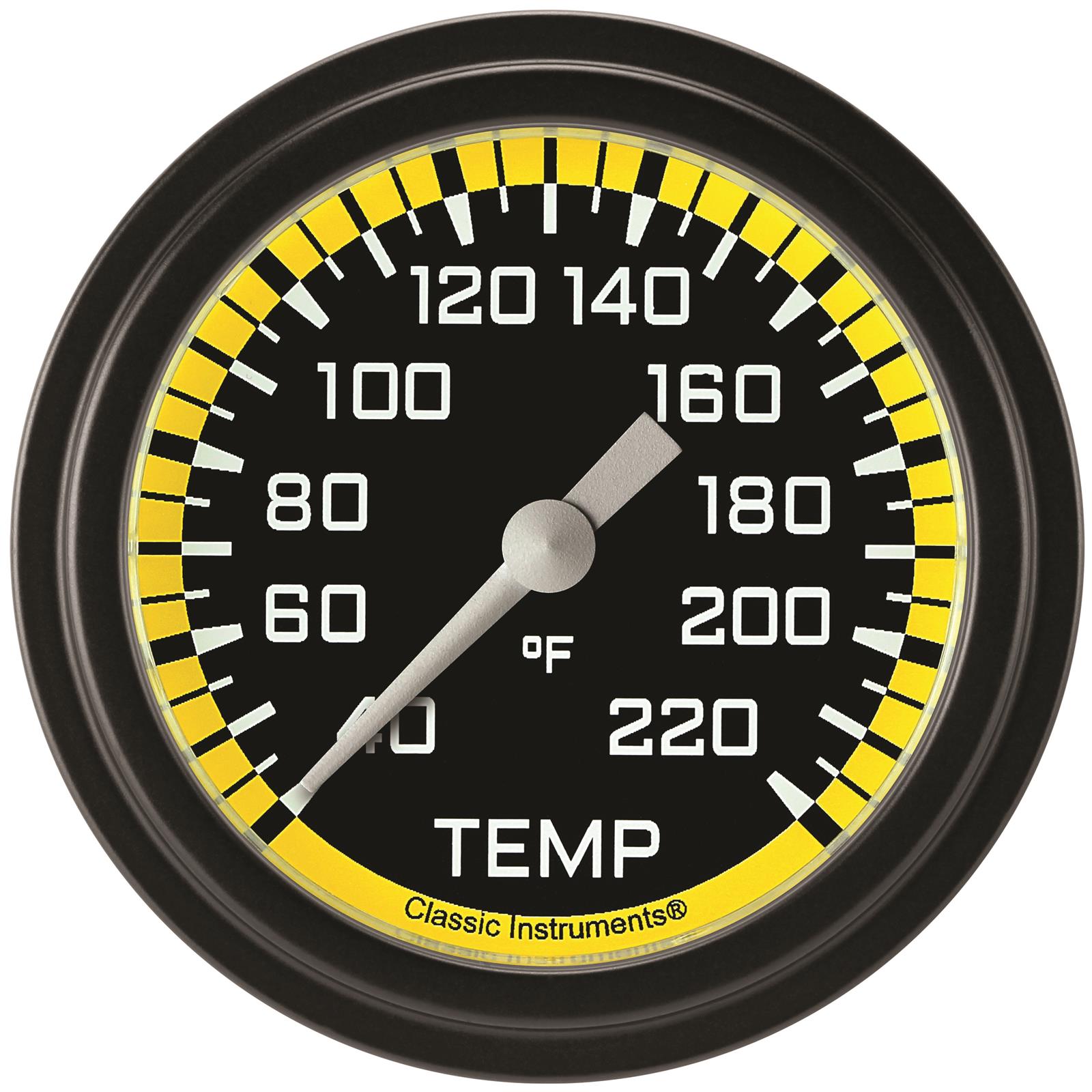 Classic Instruments Auto Cross Yellow Series Gauges AX329YBLF Gauge, Stock Eliminator, Water Temp, 2 5/8 in., Black/Yellow Face, Analog, Electrical, Each