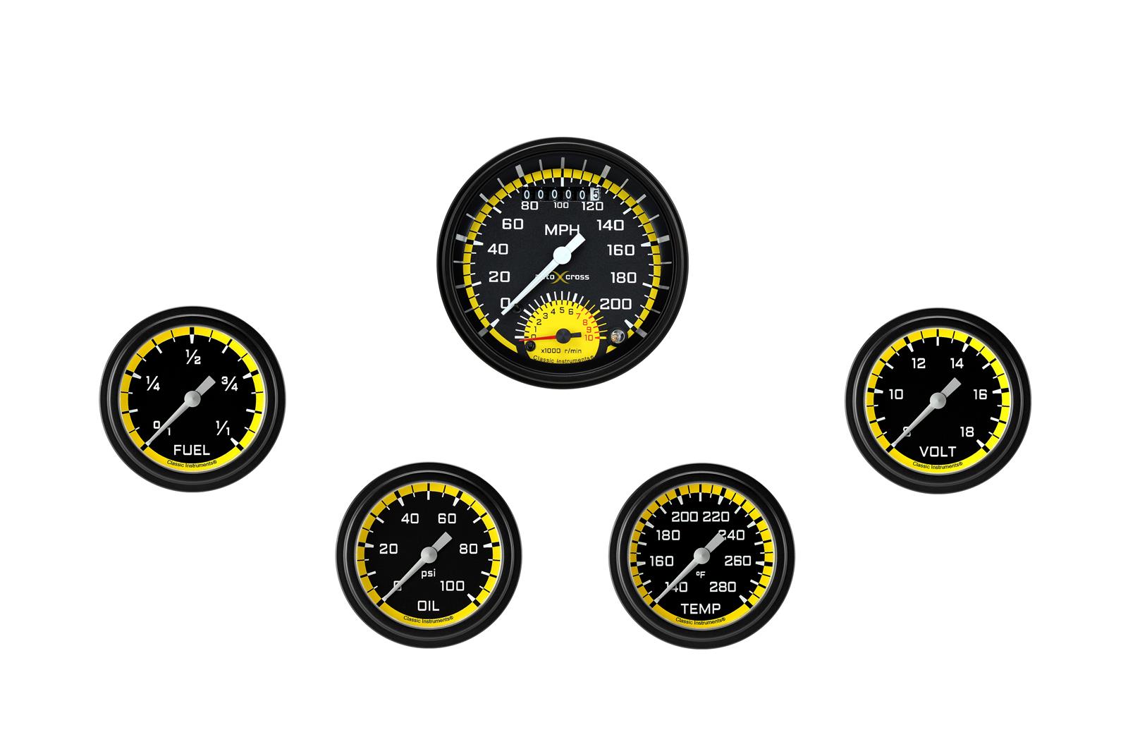 Classic Instruments Auto Cross Yellow Series Gauge Sets AX335YBLF Set, AutoCross 3 3/8 in. Ultimate, 2 5/8 in. Fuel, Oil, Temp, Volts, Set of 6