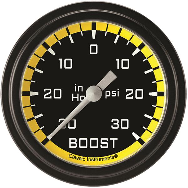 Classic Instruments Auto Cross Yellow Series Gauges AX341YBLF Gauge, Series, Boost/Vacuum, 30 in. Hg/30 psi, 2 5/8 in., Low Step Bezel, Analog, Electrical, Each