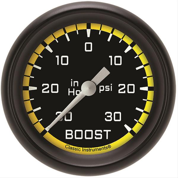 Classic Instruments Auto Cross Yellow Series Gauges AX341YBPF Gauge, Series, Boost/Vacuum, 30 in. Hg/30 psi, 2 5/8 in., Performance Bezel, Analog, Electrical, Each