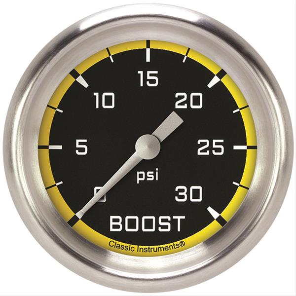 Classic Instruments Auto Cross Yellow Series Gauges AX342YAPF Gauge, Series, Boost, 30 psi, 2 5/8 in., Performance Bezel, Analog, Electrical, Each